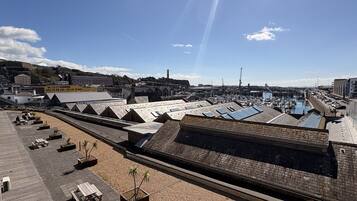 A coastal area with a long pier, a marina, and buildings with sloped roofs.