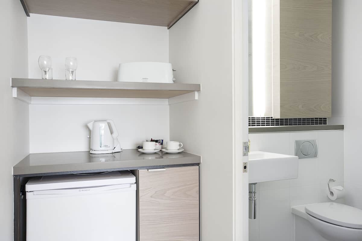 fridge, microwave, coffee/tea maker, toaster