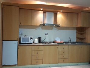 Fridge, microwave, stovetop, electric kettle