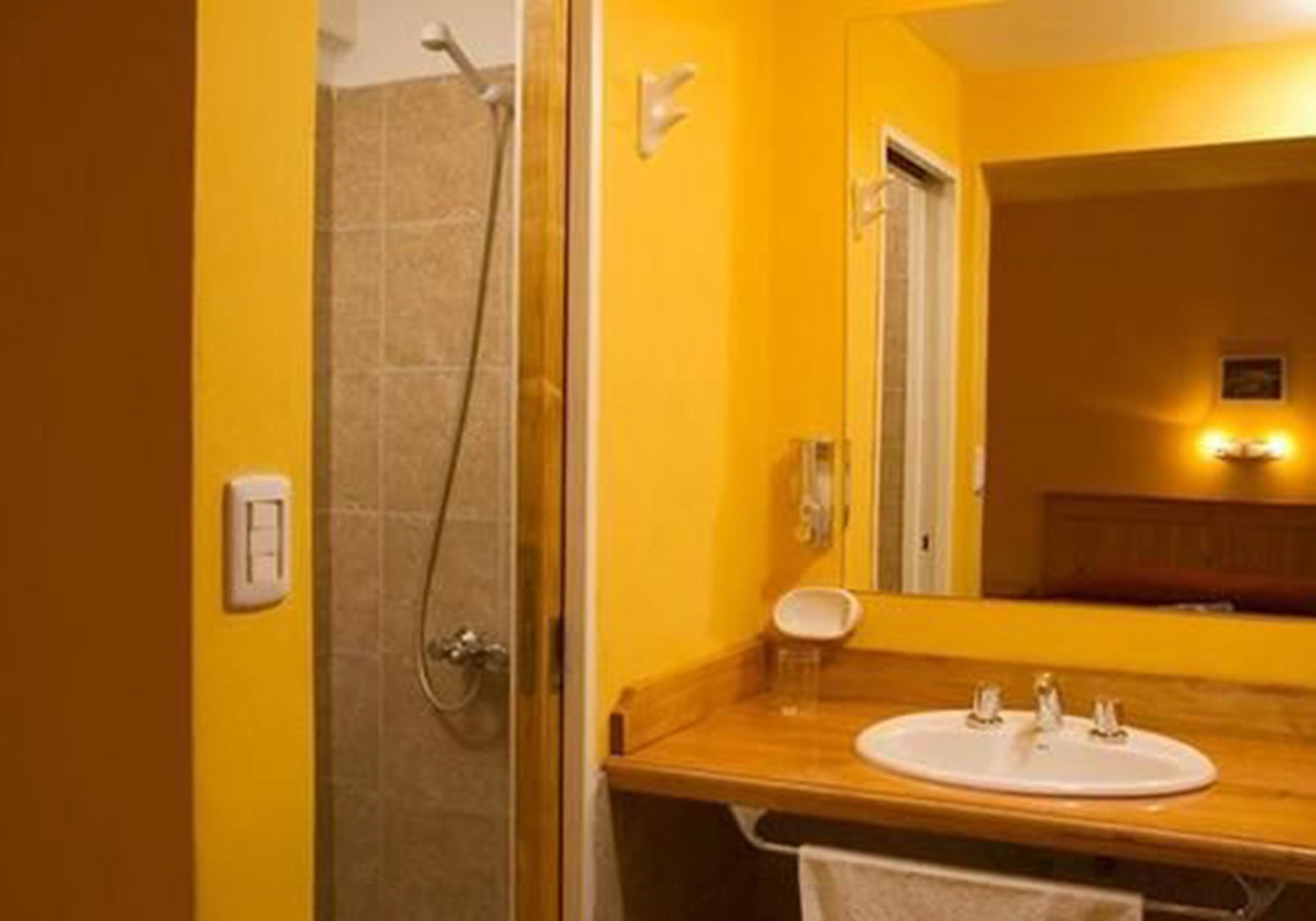 Une salle de bain avec une douche, un lavabo et un miroir.