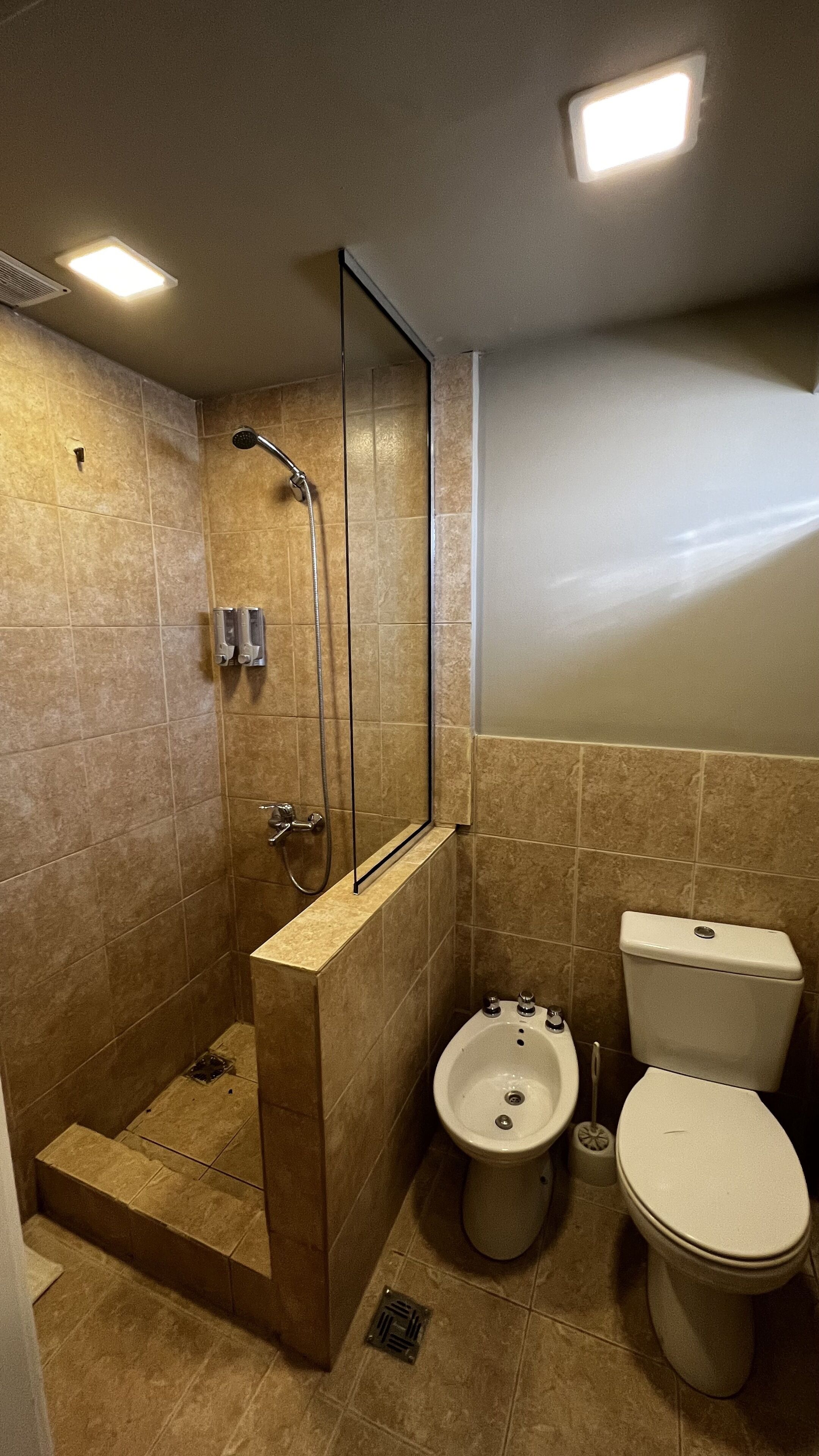 A bathroom with a shower, bidet, and toilet.