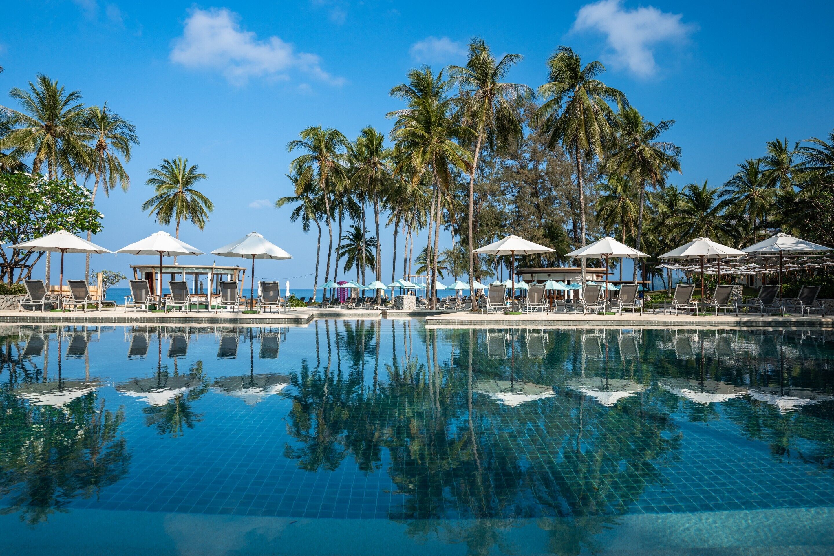 Outdoor pool, pool umbrellas, sun loungers