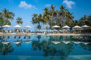 Outdoor pool, pool umbrellas, pool loungers