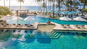 Outdoor pool, pool umbrellas, pool loungers