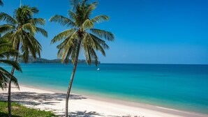 Una playa con agua turquesa cristalina, palmeras y una costa lejana.