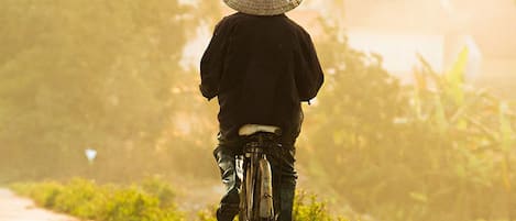 A person riding a bicycle on a paved path surrounded by greenery.