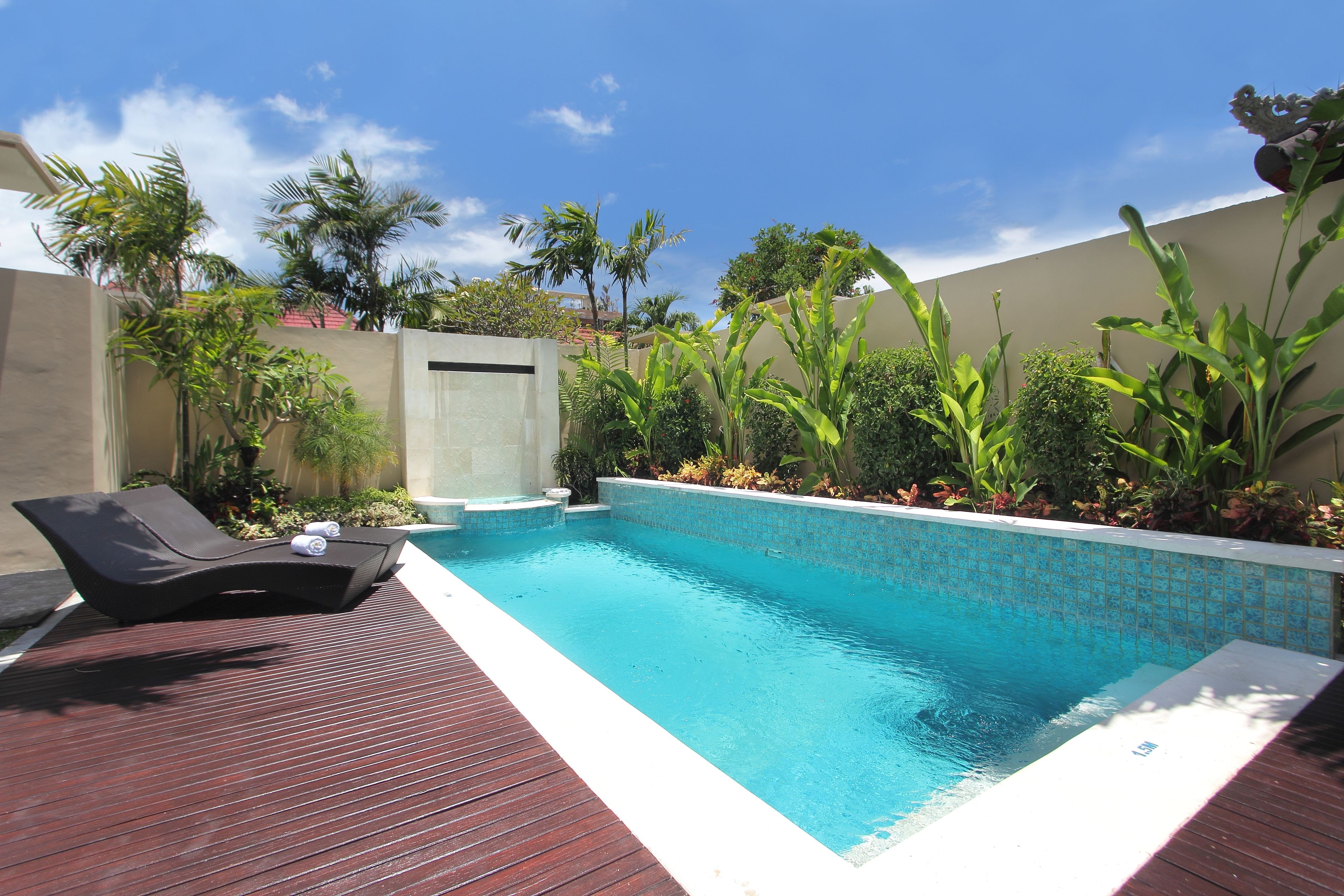 Outdoor pool, pool umbrellas, pool loungers