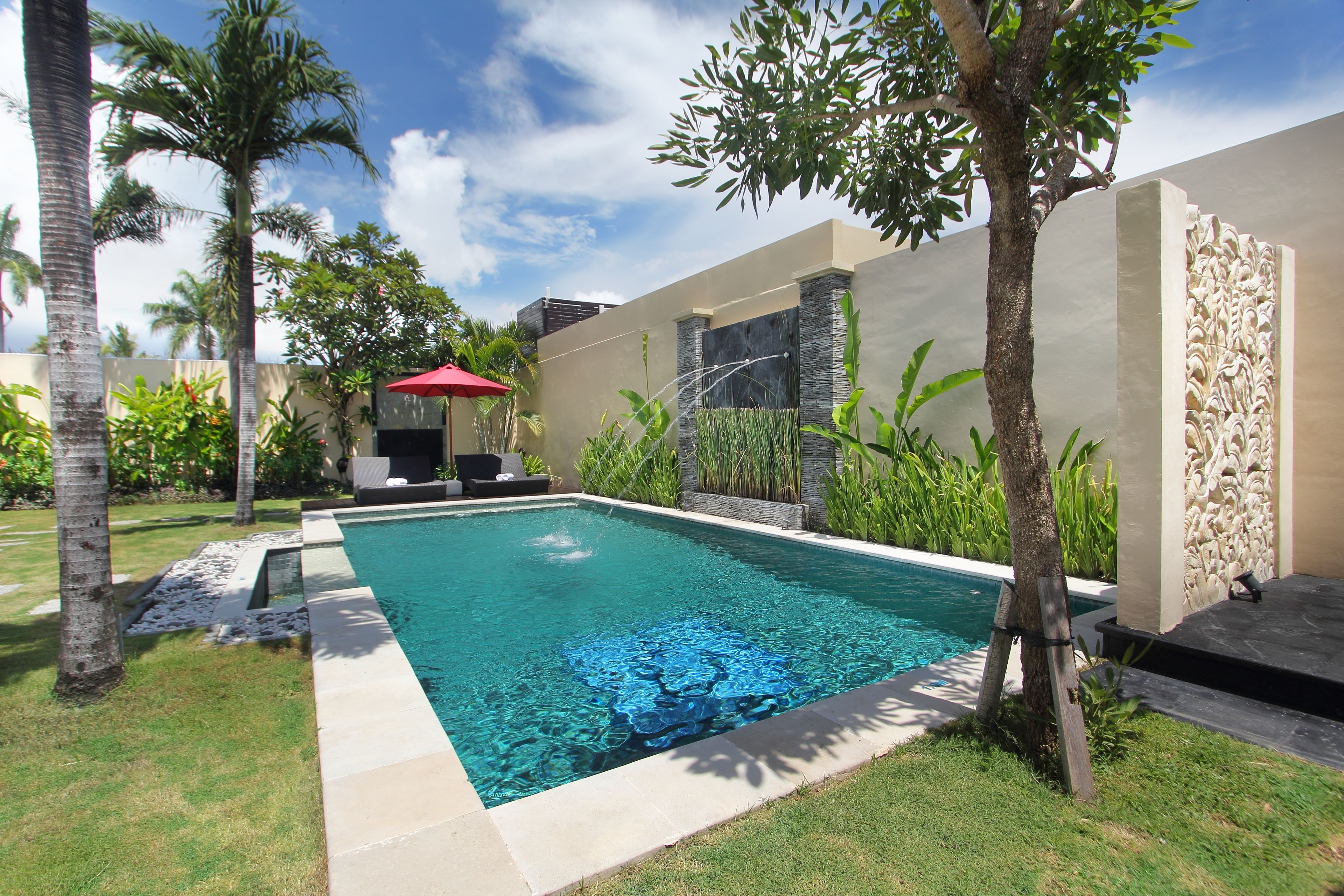A rectangular swimming pool with clear blue water, surrounded by a well-maintained lawn and palm trees.