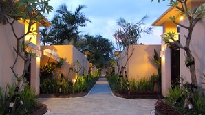 Un sendero bordeado por muros con plantas e iluminación exterior, que conduce a la entrada de un edificio.