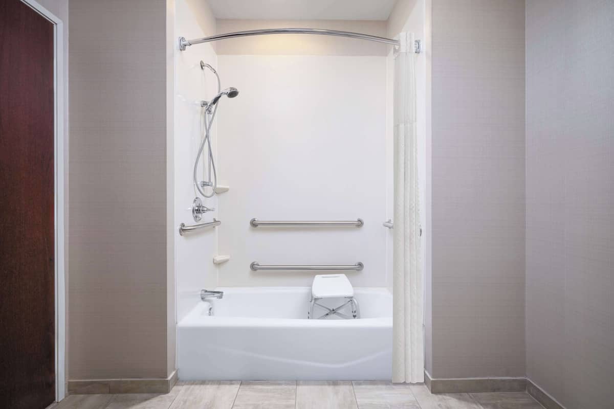 combined shower/bathtub, free toiletries, hair dryer, towels