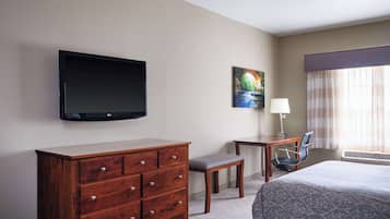 Quarto de hotel com cômoda de madeira, televisão, pintura, escrivaninha com cadeira e uma cama.