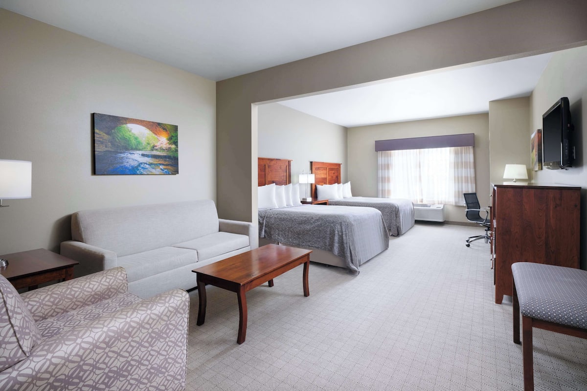 Habitación de hotel con sofá, dos camas individuales, un escritorio, televisor y un cuadro en la pared.