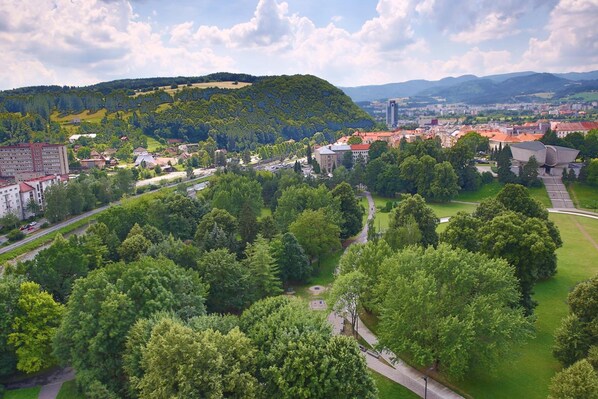 A town with a prominent hill, a mix of residential and commercial buildings, and a central road leading to a notable building with a unique roof. - Lux Hotel (Banska Bystrica)