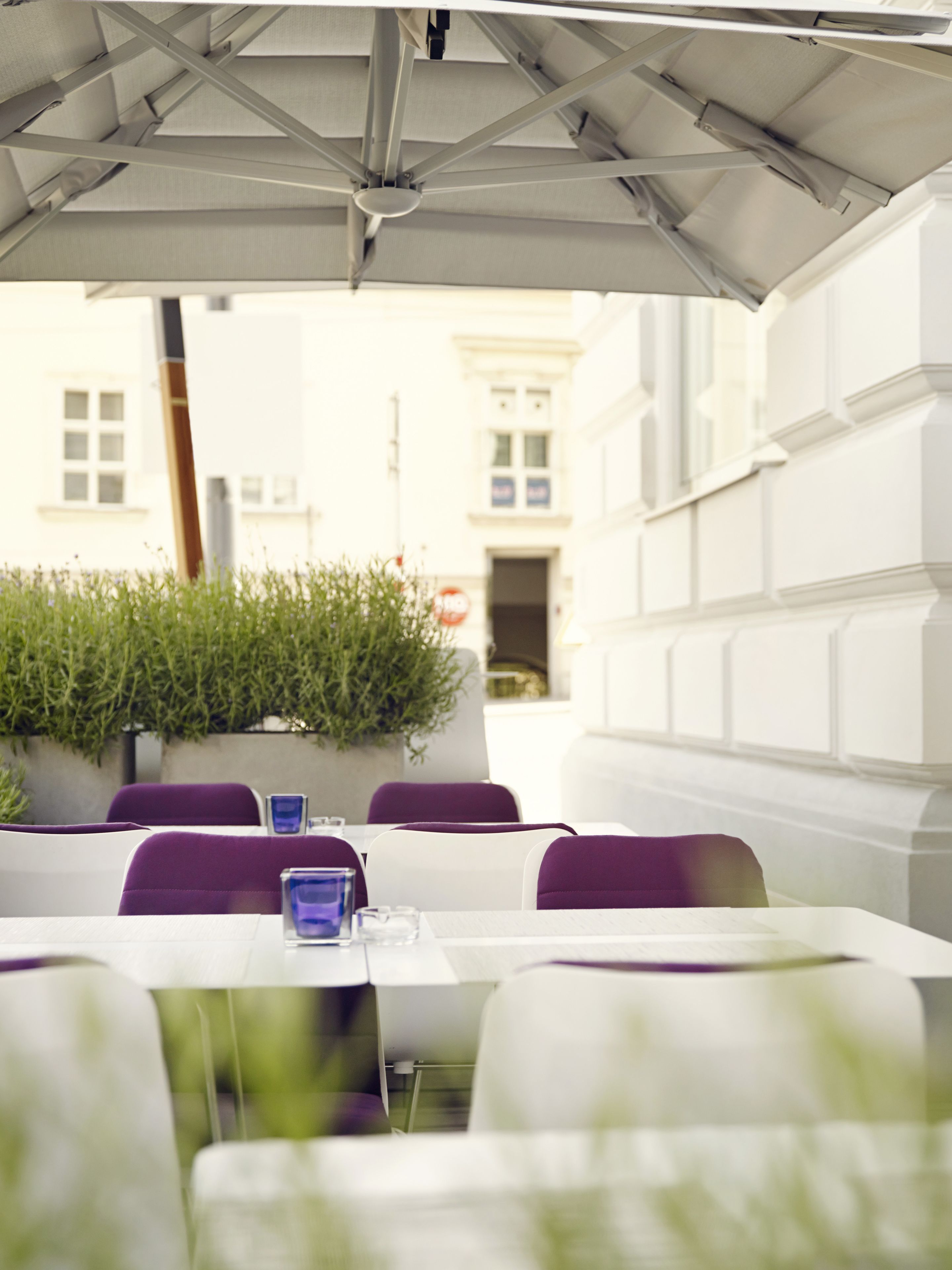 An outdoor seating area with tables and chairs, a covered roof, and a view of buildings in the background.