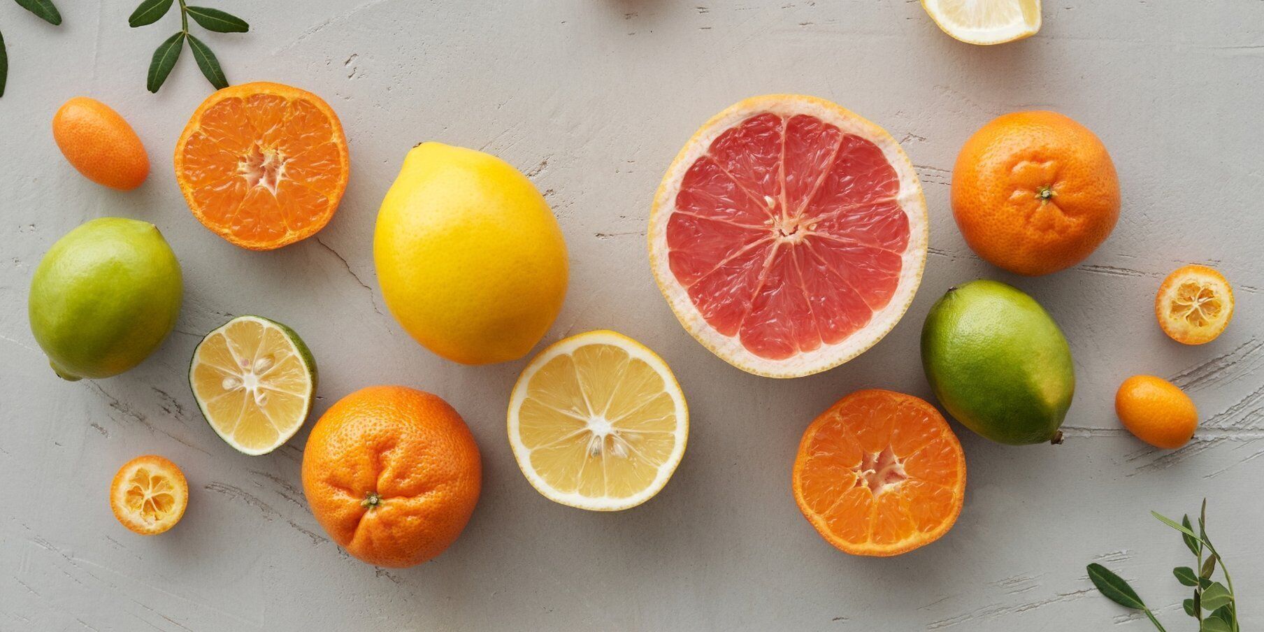 A variety of citrus fruits including oranges, lemons, and limes arranged on a textured surface.