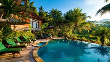 Outdoor pool, pool umbrellas, pool loungers