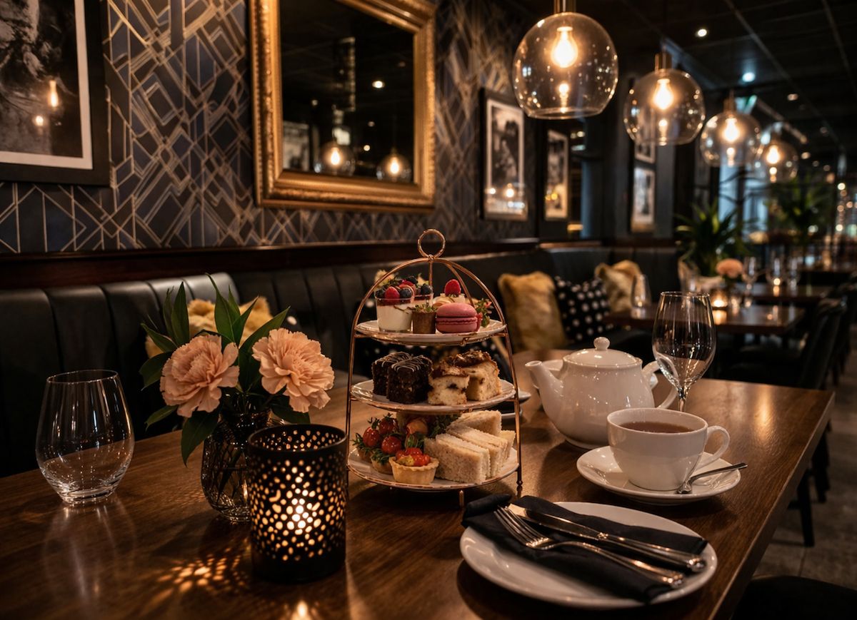 A dining table set with a tiered dessert stand, a teapot, cups, and a candle holder.
