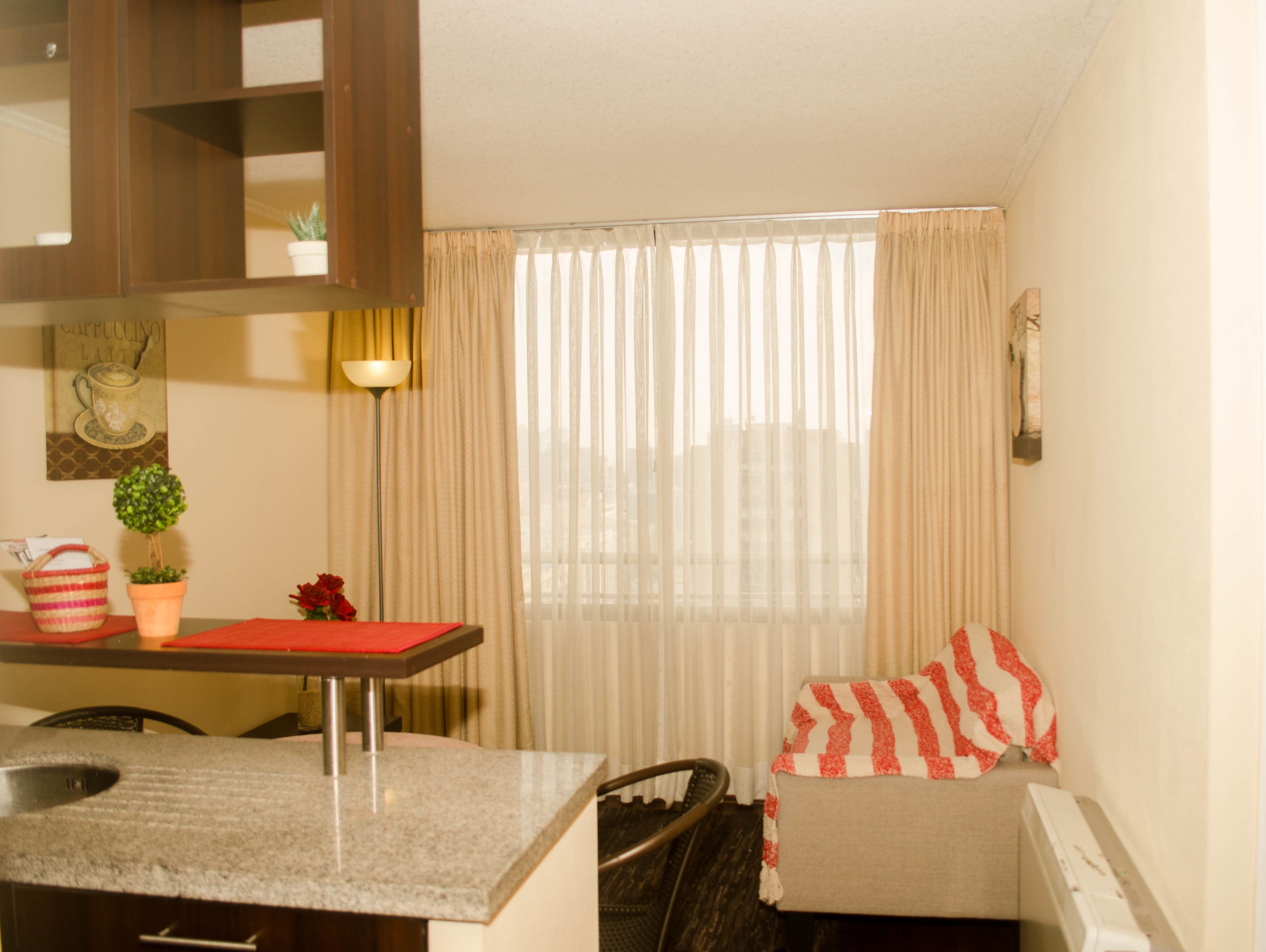 A compact living space with a kitchenette, a dining area, and a window with sheer curtains.