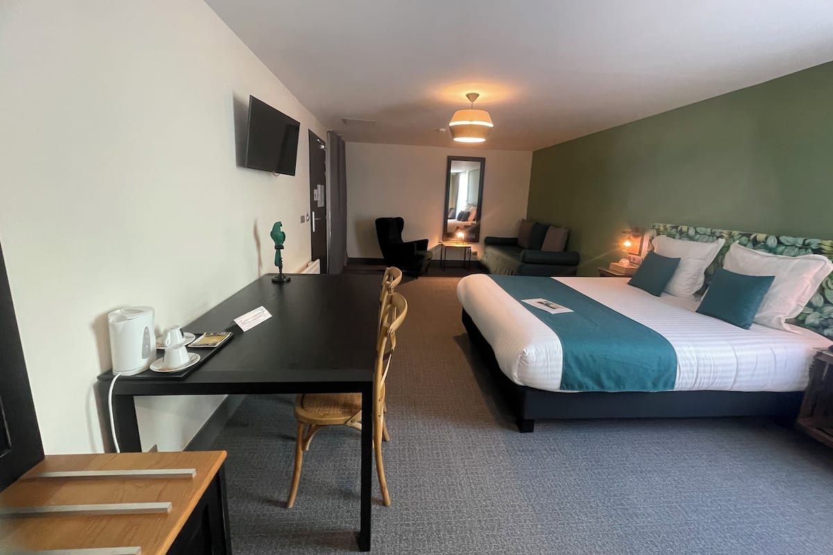 A hotel room with a bed, a desk, a chair, a TV, and a mirror.