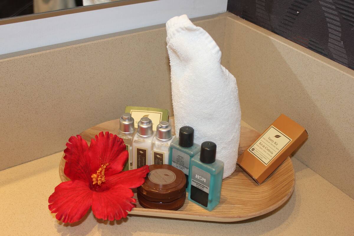 A tray with various toiletries including a red flower, a brown jar, and several bottles.