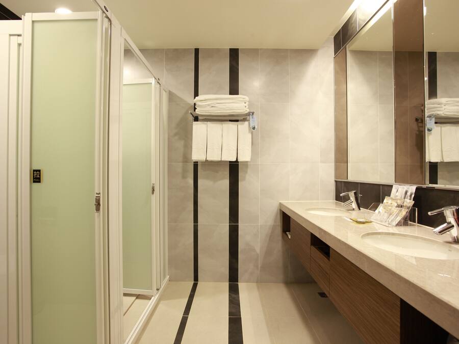 A modern bathroom with a dual sink vanity, a large mirror, and a towel rack.
