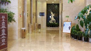 A hotel lobby with a marble floor, a statue, potted plants, and a signboard.
