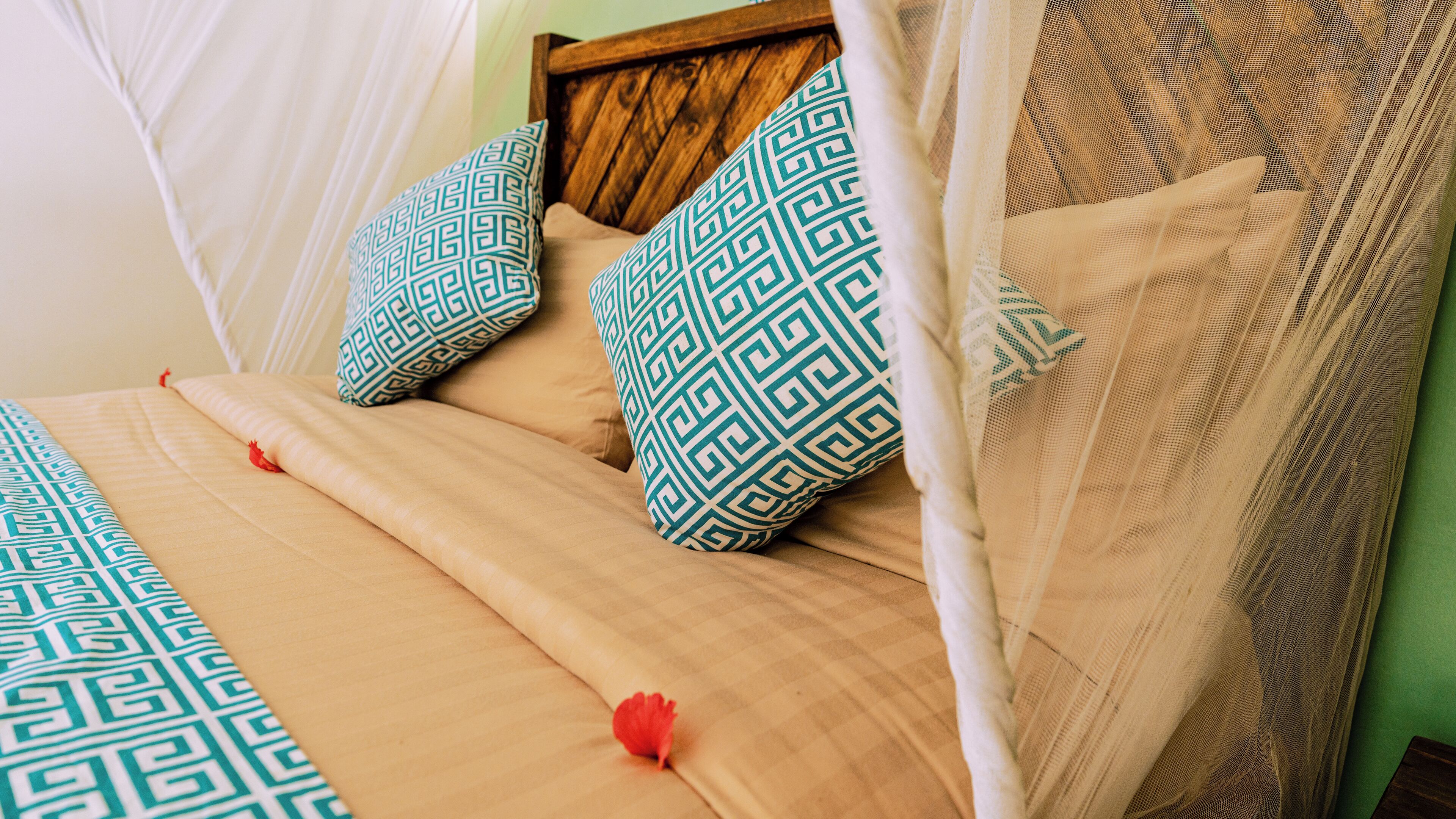 A bed with a geometric patterned bedspread, two pillows with a similar design, and a canopy with a netted top.