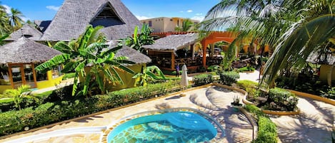 Outdoor pool, pool umbrellas, pool loungers