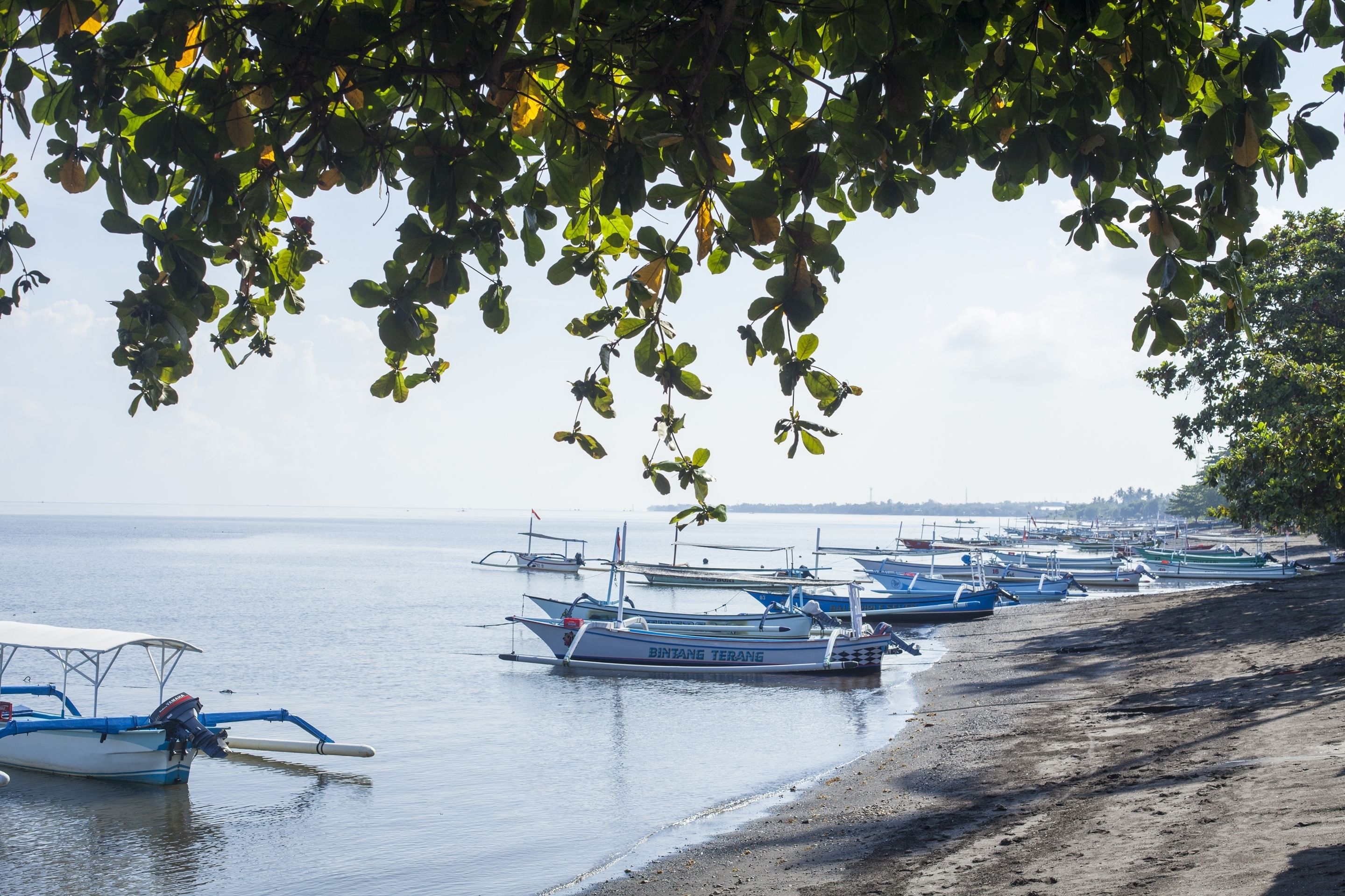 on the beach, black sand, sun-loungers, beach umbrellas