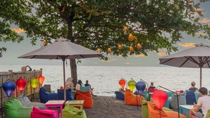 Eine Sitzgelegenheit am Strand mit bunten Sitzsäcken und Sonnenschirmen unter einem Baum, mit Blick auf das Meer.