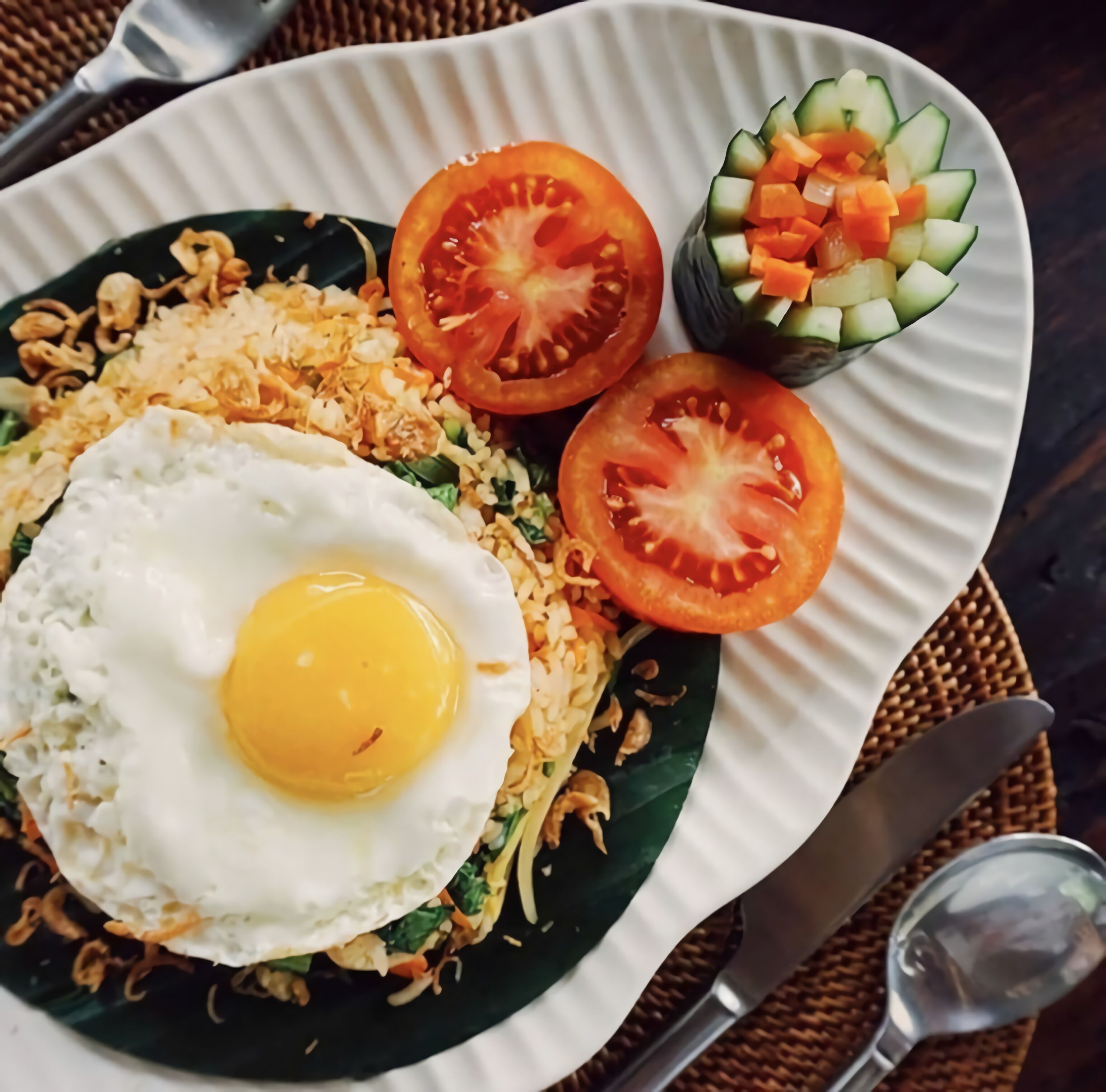 Un plato de arroz frito coronado con un huevo frito, acompañado de tomates en rodajas y una ensalada de pepino.