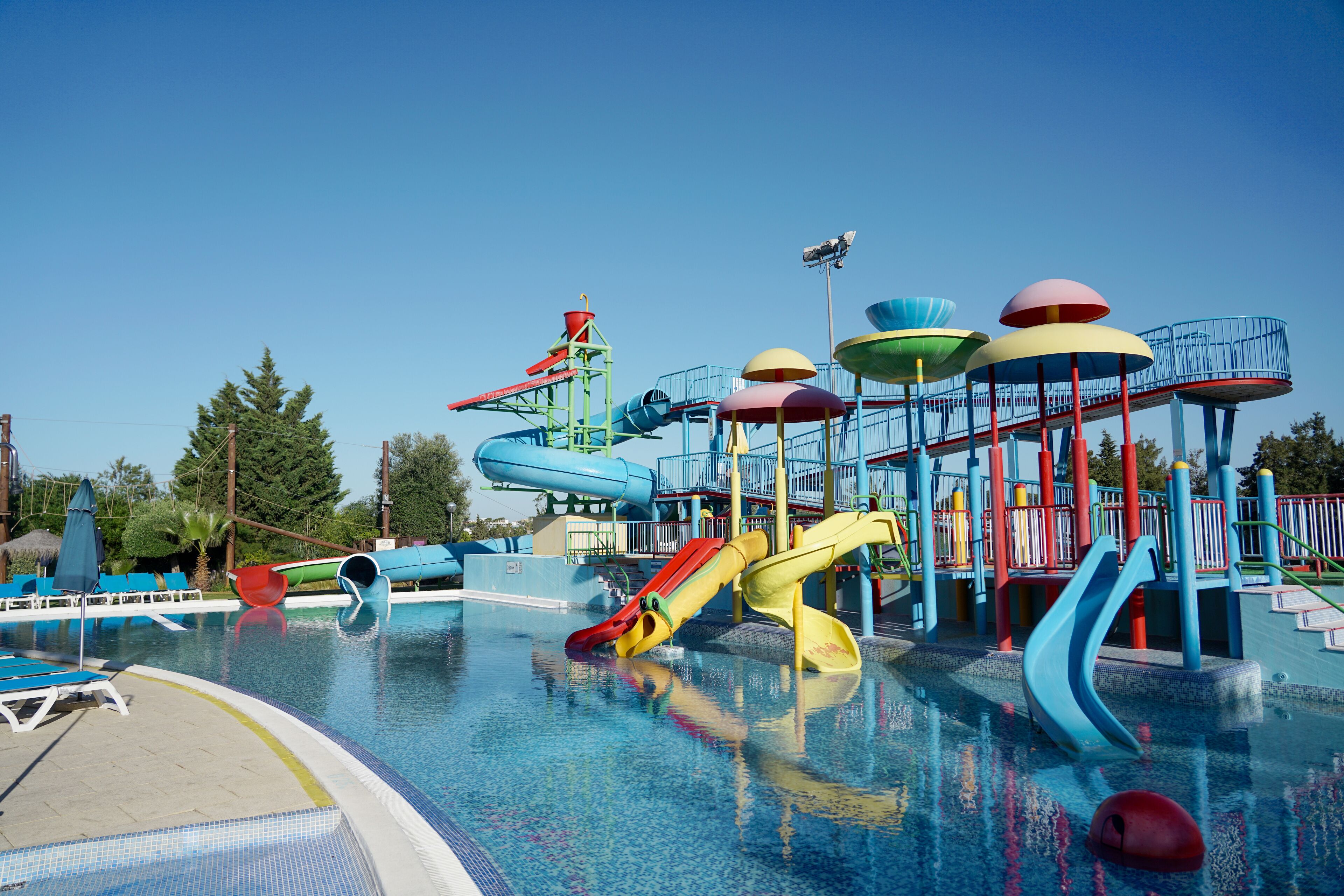 A water park with slides and play structures.