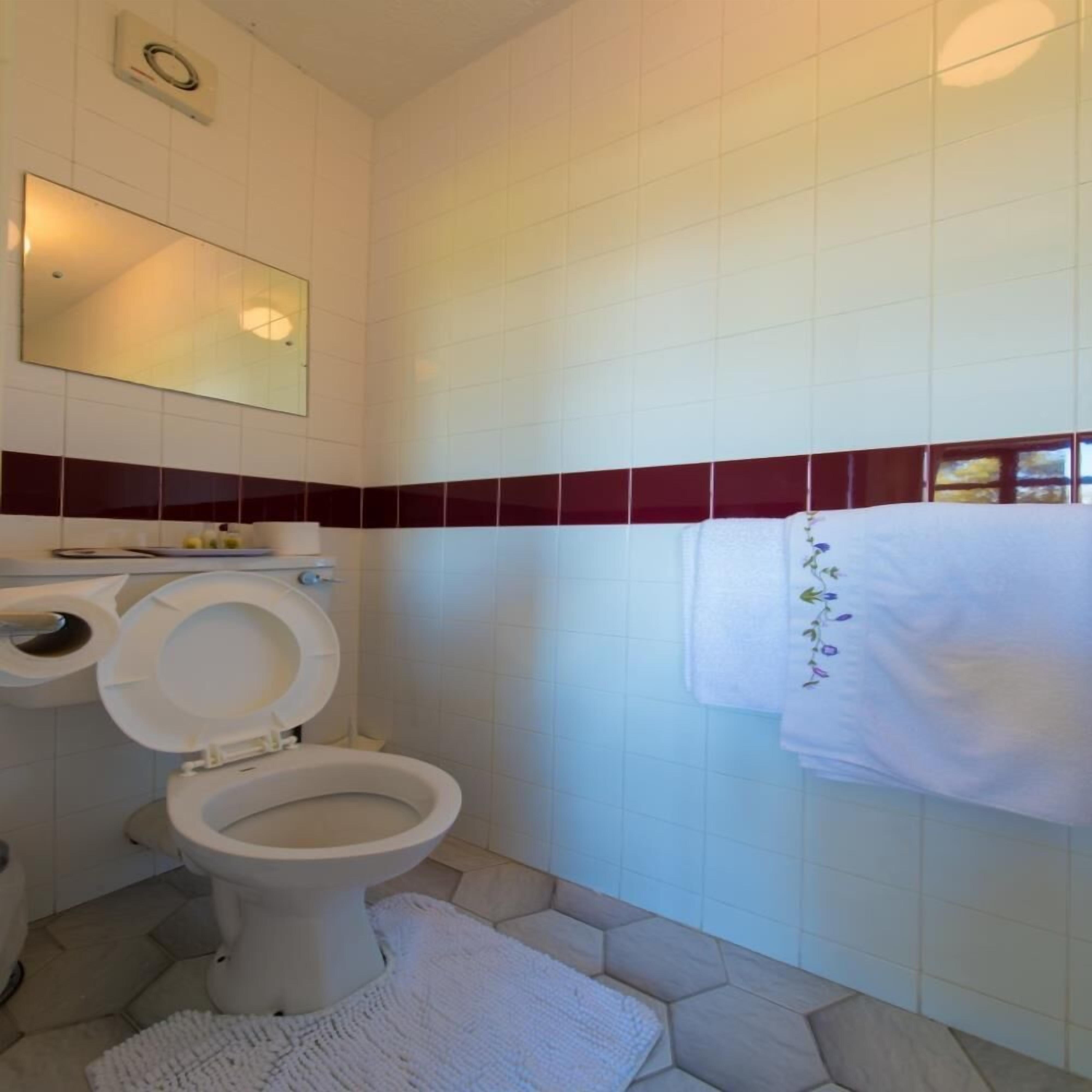 A bathroom with a toilet, a sink, a mirror, and a towel rack.