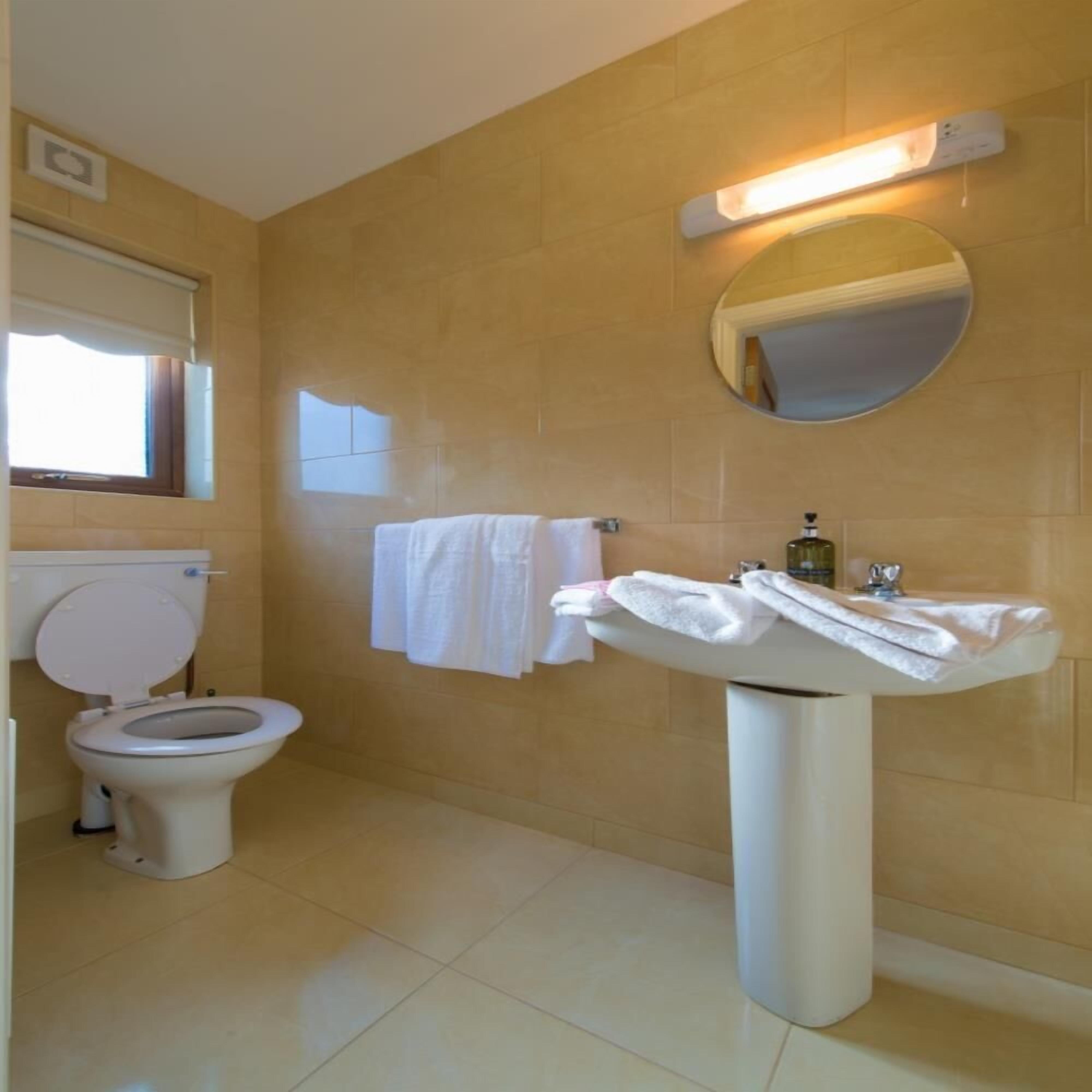 Un baño con inodoro, lavamanos y espejo.