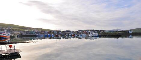 En hamn med förtöjda båtar, stilla vatten och byggnader i bakgrunden.