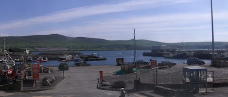 A harbor with boats, a person walking, and a clear sky.