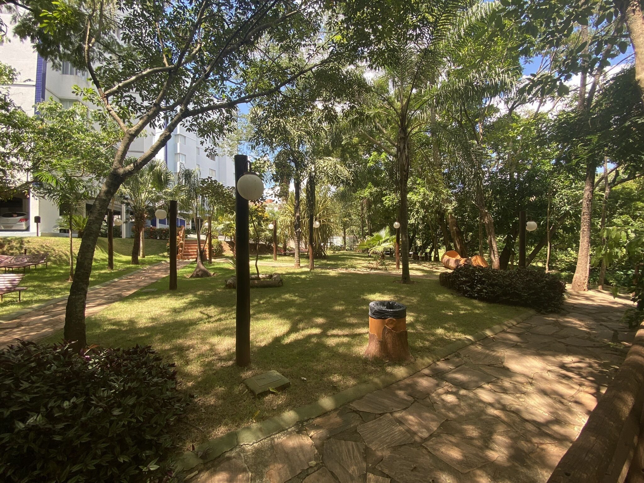 Um pátio com caminho de pedra, bancos e árvores.