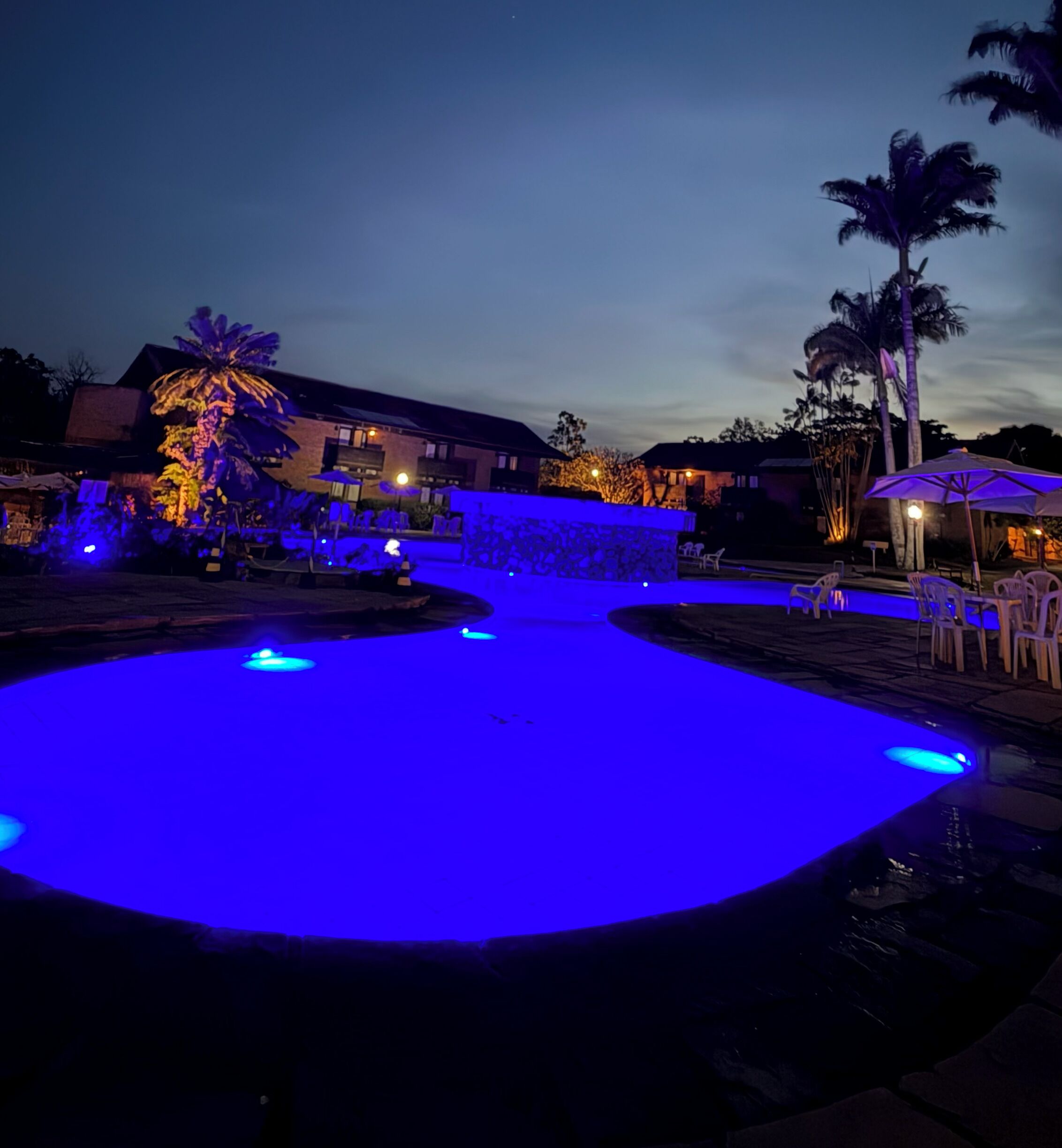 Zona de piscina con iluminación azul, palmeras y mobiliario exterior.