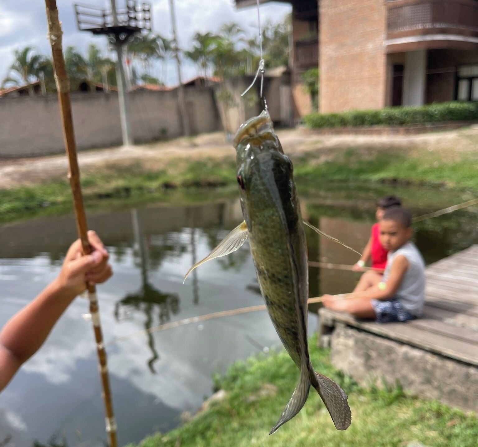A person holding a fish by a rope, with a child sitting on a bench in the background.