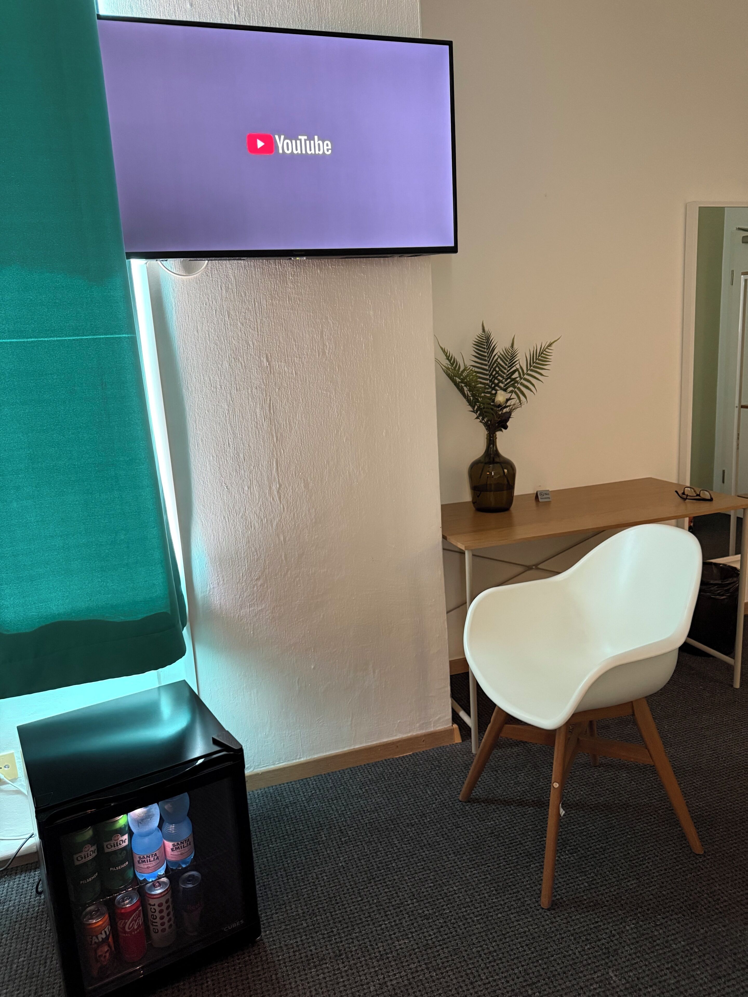 Desk, laptop workspace, blackout curtains, iron/ironing board