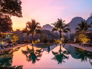 Outdoor pool, pool umbrellas, pool loungers