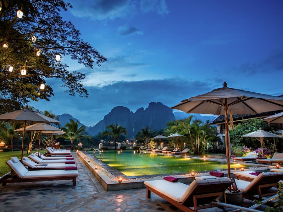 Outdoor pool, pool umbrellas, sun loungers