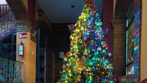 A Christmas tree decorated with colorful lights and ornaments in a lobby area with a polished floor and a staircase.