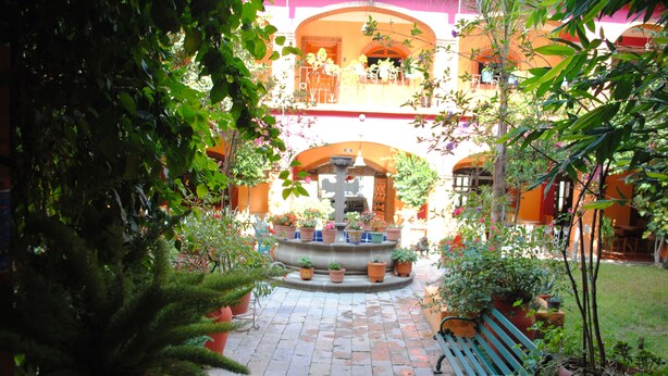 A courtyard with a fountain, potted plants, and a bench.