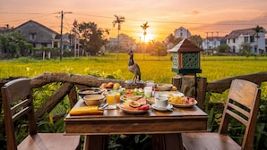 Una mesa de madera dispuesta con comida y un pájaro, con vistas a un campo de arroz y casas al atardecer.