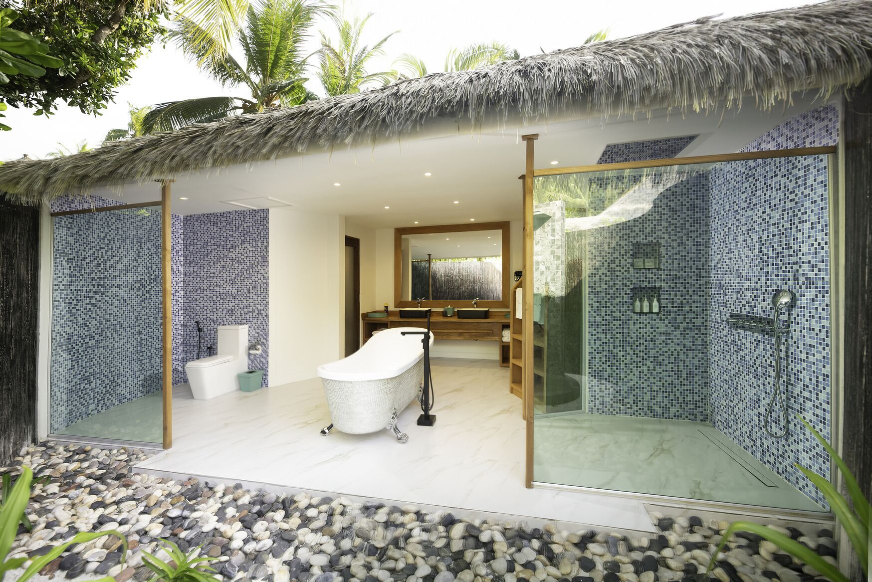 sunset beach villa with private pool | bathroom | rainfall showerhead, free toiletries, hair dryer, bathrobes