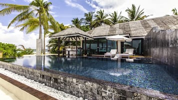 Outdoor pool, pool umbrellas, pool loungers