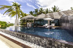 Outdoor pool, pool umbrellas, pool loungers