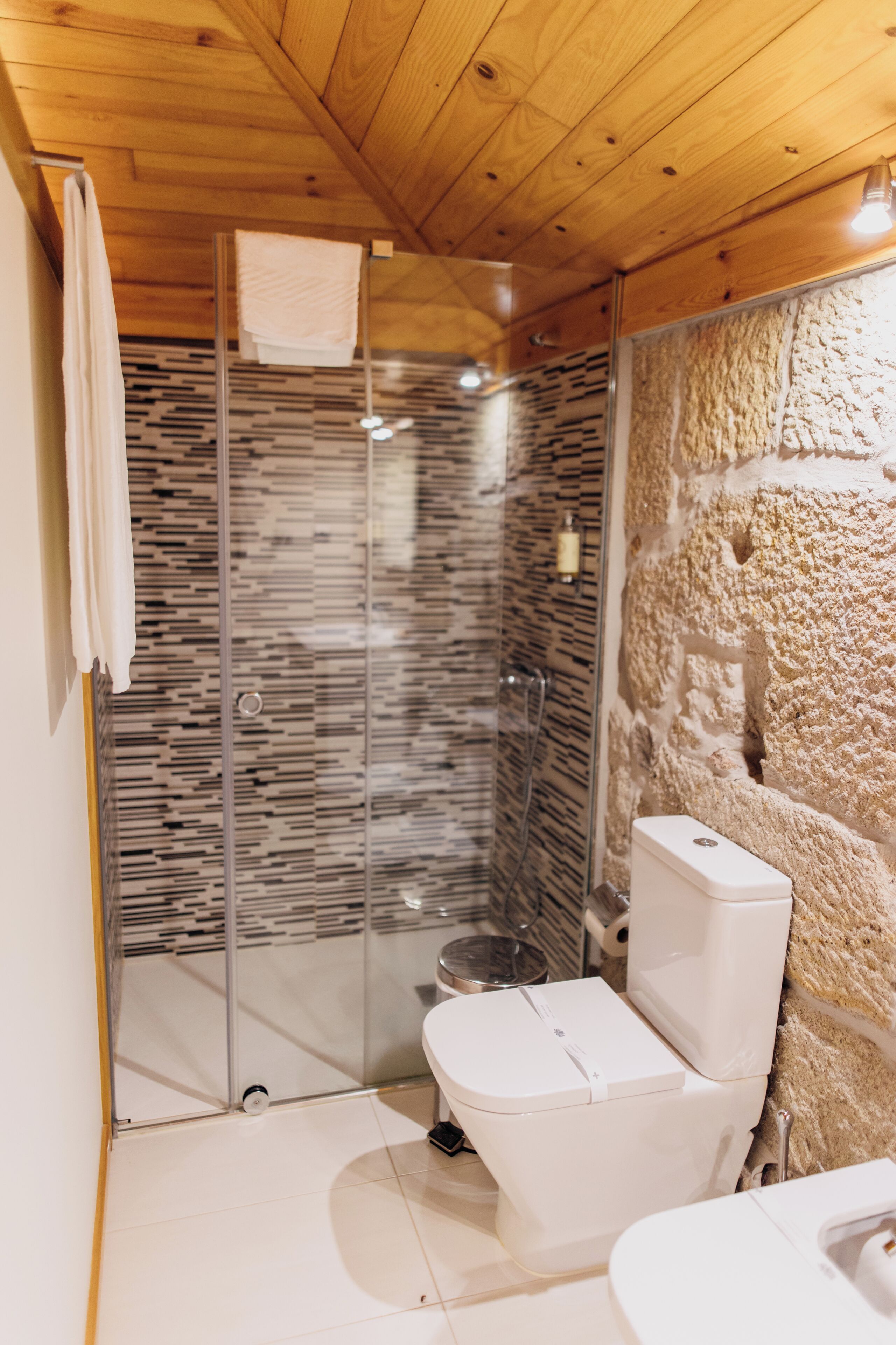 A bathroom with a glass-enclosed shower, a white toilet, and a stone wall.