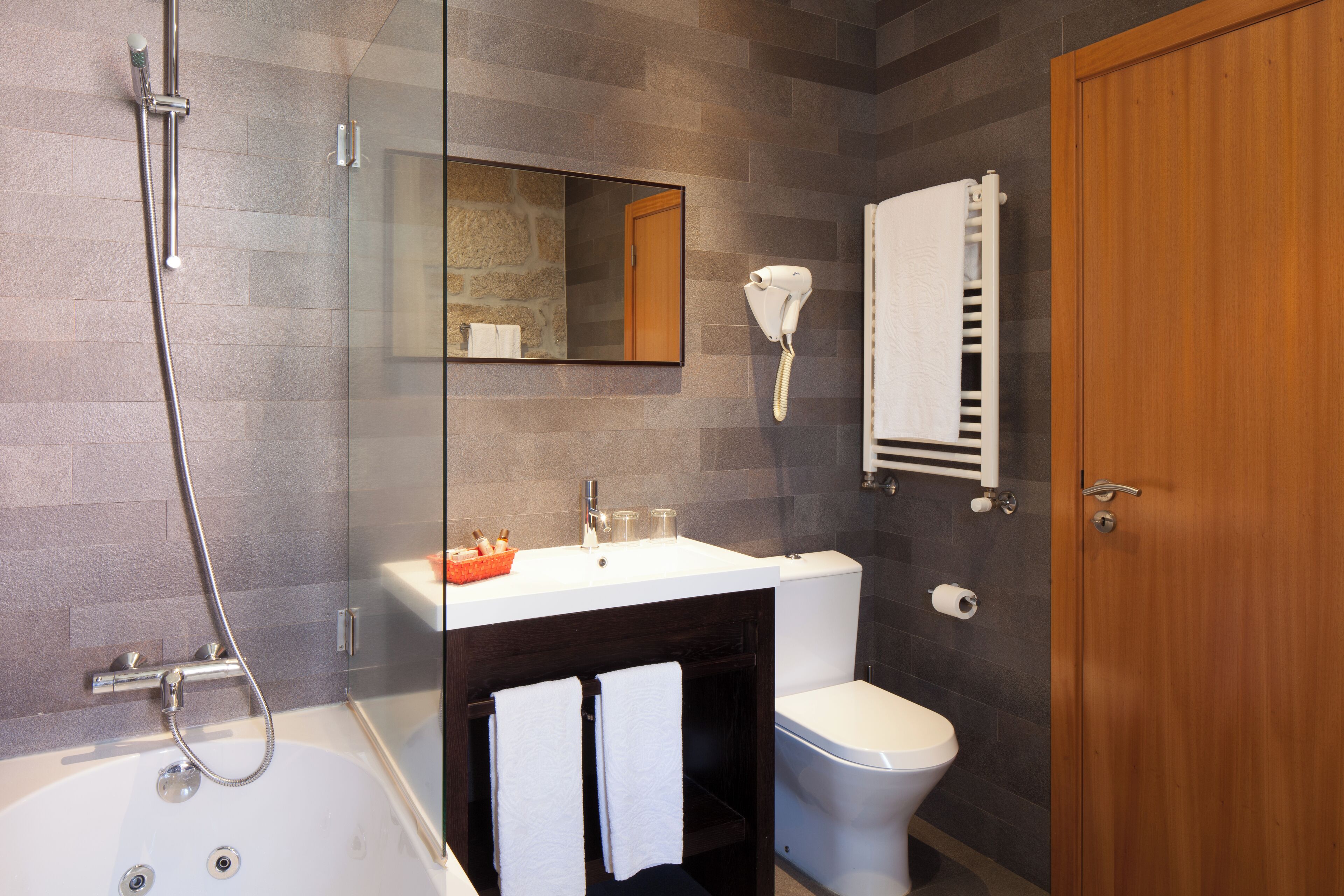 hair dryer, bidet, towels